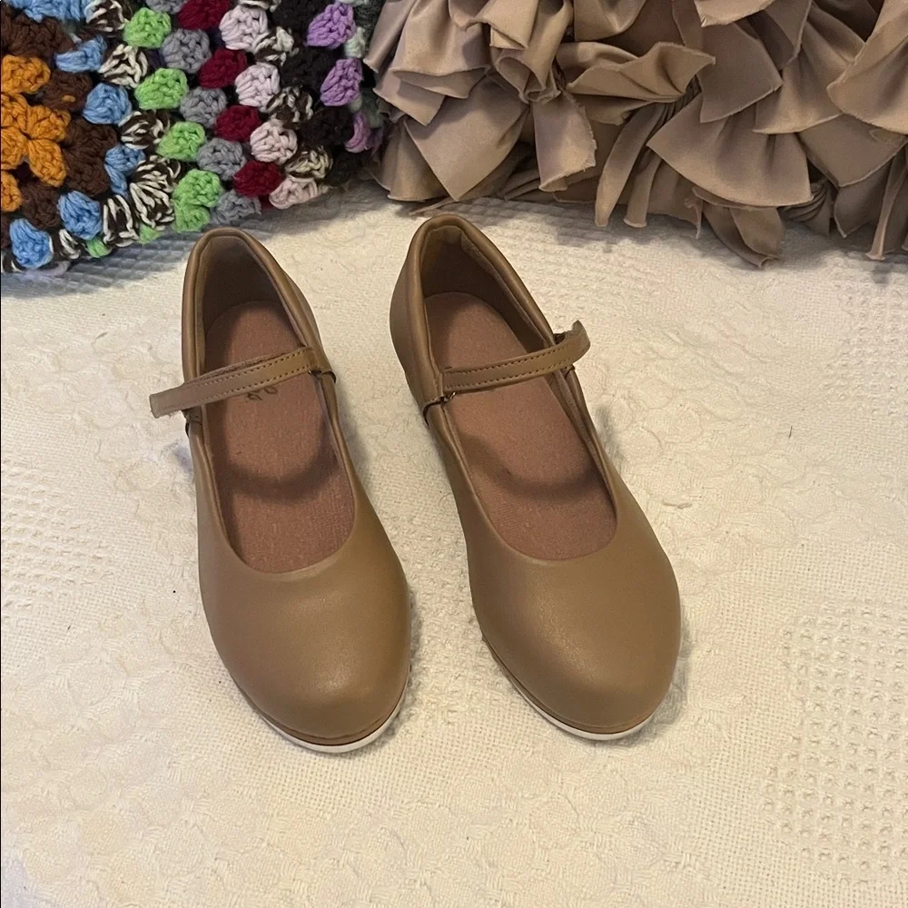 Classic Tan Kids Maryjane Hook & Loop Strap Vegan Leather Dance Tap Shoes